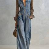 Women's Denim Wide-Leg Jumpsuit with Leopard Print Contrast Sleeves