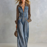 Women's Denim Wide-Leg Jumpsuit with Leopard Print Contrast Sleeves