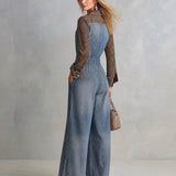 Women's Denim Wide-Leg Jumpsuit with Leopard Print Contrast Sleeves