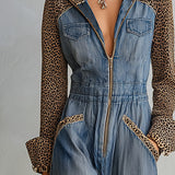 Women's Denim Wide-Leg Jumpsuit with Leopard Print Contrast Sleeves