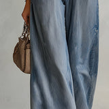 Women's Denim Wide-Leg Jumpsuit with Leopard Print Contrast Sleeves