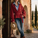 Trendy Retro Red Lapel Tie-up Ruffled Cuff Faux Suede Jacket