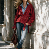 Trendy Retro Red Lapel Tie-up Ruffled Cuff Faux Suede Jacket