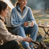Casual Retro Lace-trimmed Blue Striped Stand-collar Sweatshirt And Pants Set