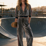 Casual Retro Color-blocked Webbing Gray Stand-collar Velvet Jacket And Trousers Set