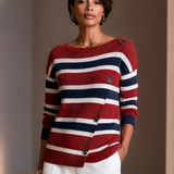 Women's Contrast Stripe Casual Knit Asymmetric Placket Sweater MDZ0399I0GMJ