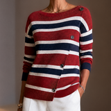 Women's Contrast Stripe Casual Knit Asymmetric Placket Sweater MDZ0399I0GMJ