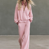 Sporty And Stylish Plaid Patchwork Pink Cotton Zip-up Sweatshirt And Pants Set