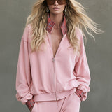 Sporty And Stylish Plaid Patchwork Pink Cotton Zip-up Sweatshirt And Pants Set