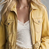 Retro Yellow Collared Zip-up Belt Multi-pocket Denim Jacket