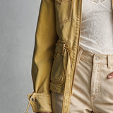 Retro Yellow Collared Zip-up Belt Multi-pocket Denim Jacket