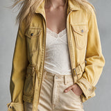 Retro Yellow Collared Zip-up Belt Multi-pocket Denim Jacket