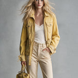 Retro Yellow Collared Zip-up Belt Multi-pocket Denim Jacket