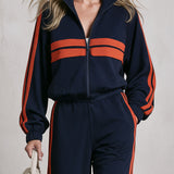 Casual Retro Sporty Color-blocked Woven Blue Sweatshirt Jacket And Pants Set
