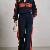 Casual Retro Sporty Color-blocked Woven Blue Sweatshirt Jacket And Pants Set