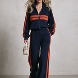 Casual Retro Sporty Color-blocked Woven Blue Sweatshirt Jacket And Pants Set