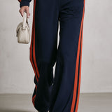 Casual Retro Sporty Color-blocked Woven Blue Sweatshirt Jacket And Pants Set