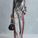 Chic Casual Striped Trim Grey T-shirt And Leopard-print Wide-leg Trousers Velvet Set