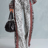 Chic Casual Striped Trim Grey T-shirt And Leopard-print Wide-leg Trousers Velvet Set