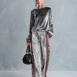 Chic Casual Striped Trim Grey T-shirt And Leopard-print Wide-leg Trousers Velvet Set