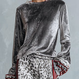 Chic Casual Striped Trim Grey T-shirt And Leopard-print Wide-leg Trousers Velvet Set