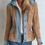Urban Western Camel Suede Jean Jacket Women Mixed Media Drawstring Hood Coat
