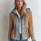 Urban Western Camel Suede Jean Jacket Women Mixed Media Drawstring Hood Coat