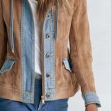 Urban Western Camel Suede Jean Jacket Women Mixed Media Drawstring Hood Coat