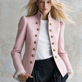 Retro Lace-trimmed Pink Plaid Double-breasted Cotton Jacket