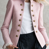 Retro Lace-trimmed Pink Plaid Double-breasted Cotton Jacket