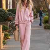 Sporty And Stylish Plaid Patchwork Pink Cotton Zip-up Sweatshirt And Pants Set