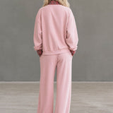 Sporty And Stylish Plaid Patchwork Pink Cotton Zip-up Sweatshirt And Pants Set