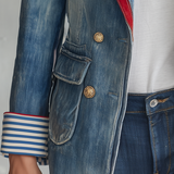 Women’s Double Breasted Denim Blazer With Red Lapel Trim