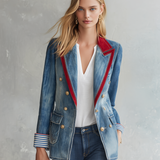 Women’s Double Breasted Denim Blazer With Red Lapel Trim