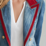 Women’s Double Breasted Denim Blazer With Red Lapel Trim