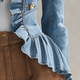 Romantic Ruffle Denim Military Jacket With Peplum Hem For Women