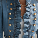 Romantic Ruffle Denim Military Jacket With Peplum Hem For Women