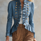 Romantic Ruffle Denim Military Jacket With Peplum Hem For Women