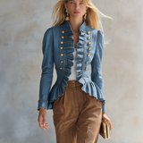 Romantic Ruffle Denim Military Jacket With Peplum Hem For Women