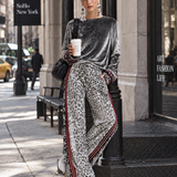 Chic Casual Striped Trim Grey T-shirt And Leopard-print Wide-leg Trousers Velvet Set