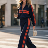 Casual Retro Sporty Color-blocked Woven Blue Sweatshirt Jacket And Pants Set