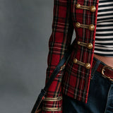 Retro Red Plaid Frog Button Faux Suede Jacket