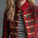 Retro Red Plaid Frog Button Faux Suede Jacket