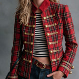 Retro Red Plaid Frog Button Faux Suede Jacket
