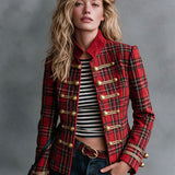 Retro Red Plaid Frog Button Faux Suede Jacket