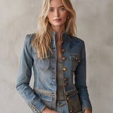 Tailored Military Denim Jacket With Brass Buttons And Flap Pockets