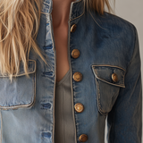 Tailored Military Denim Jacket With Brass Buttons And Flap Pockets