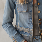 Tailored Military Denim Jacket With Brass Buttons And Flap Pockets