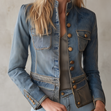 Tailored Military Denim Jacket With Brass Buttons And Flap Pockets