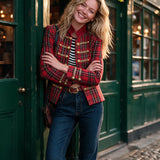 Retro Red Plaid Frog Button Faux Suede Jacket